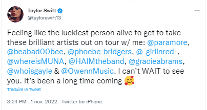 Taylor Swift tweet 01/11/2022