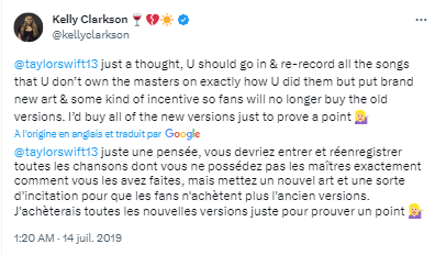 Tweet de Kelly Clarkson le 14 juillet 2019