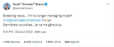 Tweet de Scooter Braun le 22 août 2023