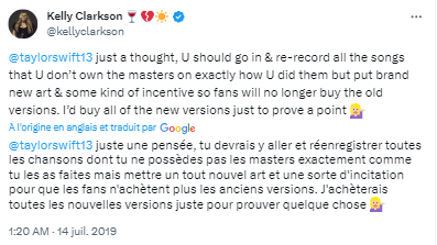 Tweet de Kelly Clarkson du 14 juillet 2019