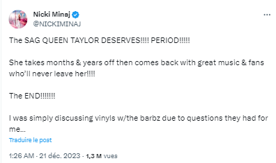 Tweet de Nicki Minaj du 21 décembre 2023